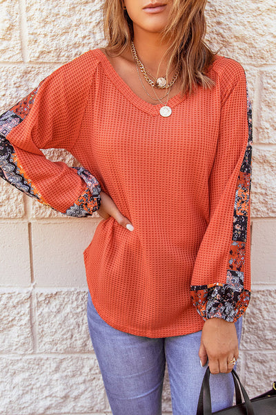 Cozy Women's Orange Eyelet Knit Pullover - Long Sleeve Thermal Top for Casual Fall Fashion
