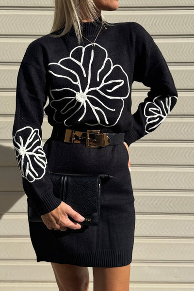 Chic Women's Black Floral Embroidered Mock Neck Mini Dress - Effortless Fall Style for Trendy Casual Looks
