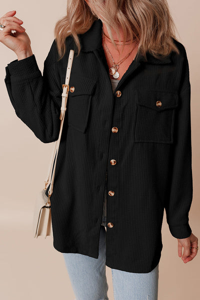 Chic Women's Black Corduroy Shacket with Flap Pockets - Trendy Button-Up Overshirt for Effortless Casual Style