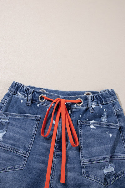 Women's Ashleigh Blue Ripped Cropped Straight Jeans with Splatter Paint and Rope Waist for a Trendy Casual Look