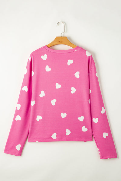 Cozy Women's Pink Heart Print Lounge Set - Long Sleeve Tee & Shorts for Relaxed Valentine's Day Style