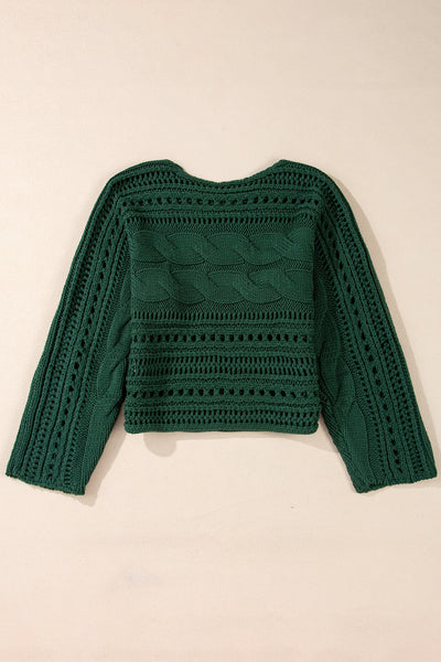 Chic Women's Blackish Green Cropped Cable Knit Sweater with Stylish Hollow-Out Design for Trendy Outfits