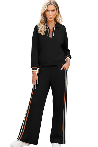 Stylish Women's Black Striped Quarter Zip Pullover & Relaxed Fit Pants Set for Effortless Everyday Chic