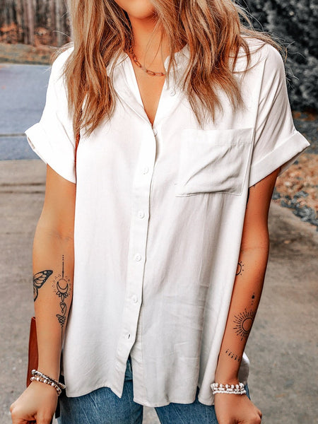 Rolled Sleeve White Shift Shirt with Chest Pocket