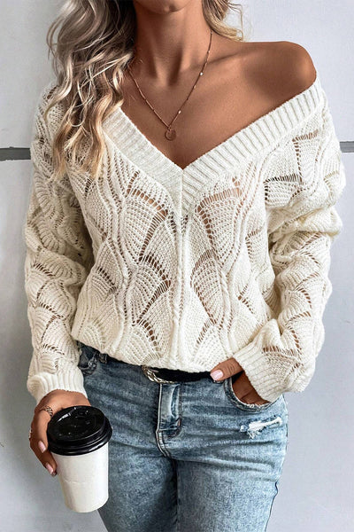 Chic Beige V-Neck Knit Sweater for Women with Drop Shoulders - Stylish Hollow Out Design for Trendy Fall Fashion
