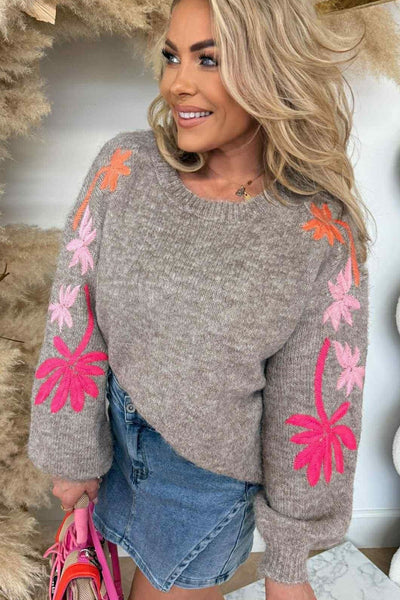 Women's Casual Chic Taupe Sweater with Embroidered Floral Sleeves - Loose Fit, Round Neck Design for Effortless Style