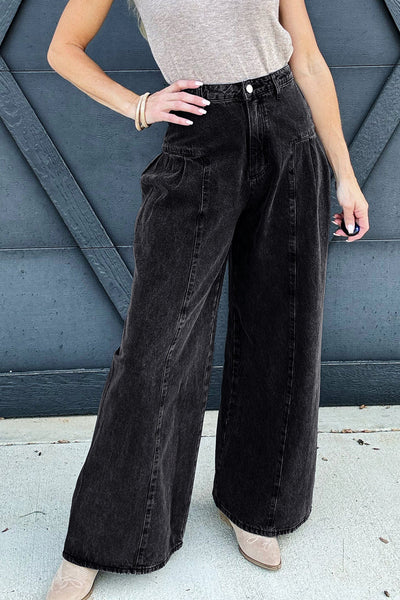 chic women's dark grey pleated wide leg denim pants with mineral wash - easy and wearable for everyday fashion made for easy styling and wardrobe with
