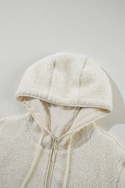 Cozy Women's Beige Fleece Zip-Up Hoodie Jacket with Drawstring and Pockets for Effortless Casual Style