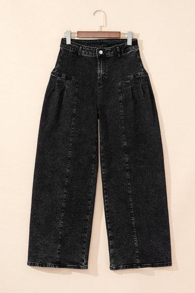 chic women's dark grey pleated wide leg denim pants with mineral wash - easy and wearable for everyday fashion made for easy styling and wardrobe with