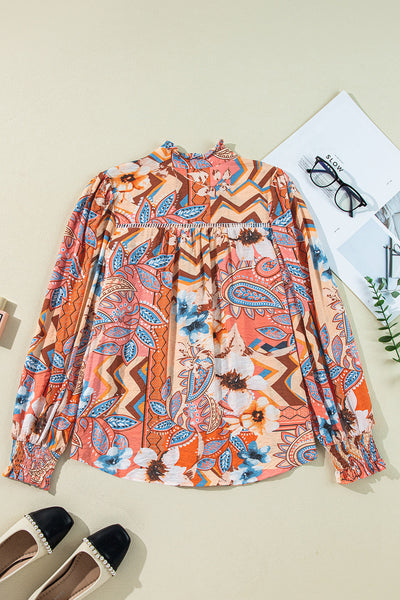 Women's Stylish Orange Floral Print Loose Blouse with Shirred Cuffs and Button Detail - Comfortable Casual Top