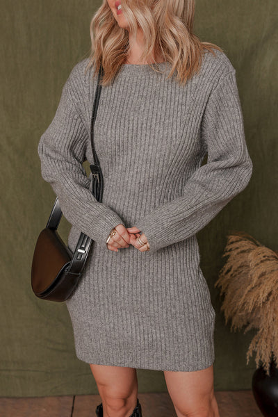 Chic Women's Gray Ribbed Knit Long Sleeve Sweater Dress - Slim Fit Casual Style for Fall and Winter Wardrobe