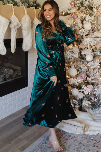 Elegant Women's Green Velvet Midi Dress with Floral Embroidery, Smocked Sleeves, and High Waist for a Chic Look