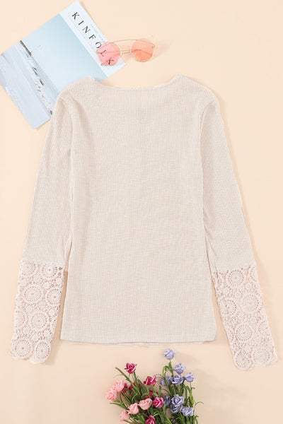 Chic Women's Beige Crochet Lace Hem Short Sleeve Button-Up Top for Effortless Casual Style