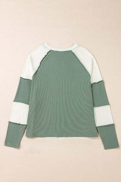 Women's Mint Green Ribbed Colorblock Long Sleeve Top - Trendy Casual Style with Relaxed Fit and Cozy Comfort