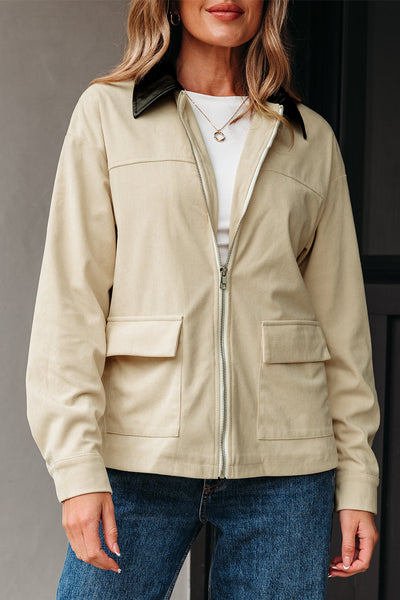 Stylish Women's Black Leather Collar Jacket - Fitted Fall Layering Essential with Chic Design and Comfort