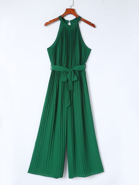 Solid Chic Sleeveless Slanted Shoulder Tie Waist Wide Leg Jumpsuit