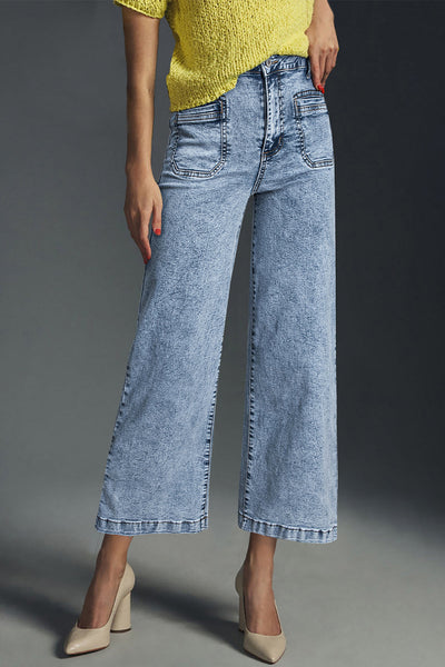 Women's High-Waisted Light Wash Wide-Leg Jeans with Patch Pockets