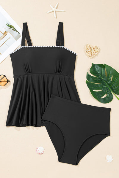 Black Fit-and-Flare Ricrac Trim Tankini Swimsuit Set with practical styling and dependable silhouette control.