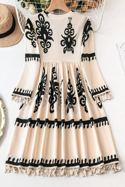 Beige Tasseled Notch V-Neck Mini Dress for Women - Chic Western-Inspired Summer Style with Trendy Print