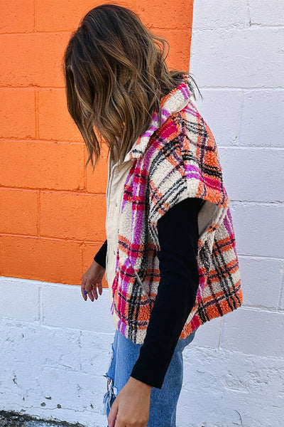 Women's Plaid Sherpa Short Sleeve Vest in Pink and Orange