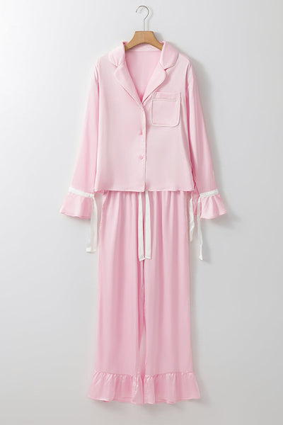 Women's Chic Light Pink Satin Lounge Set with Knot Accent Top & Ruffled Pants - Ideal for Stylish Relaxation and Outings