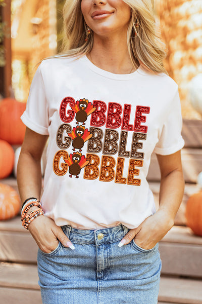 Women's Festive Turkey 'Gobble' Graphic Tee in White Cotton Blend