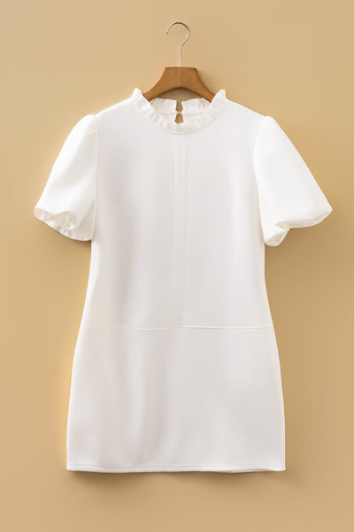 Women's Ruffle Neck Puff Sleeve Shift Dress in Cream Faux Suede