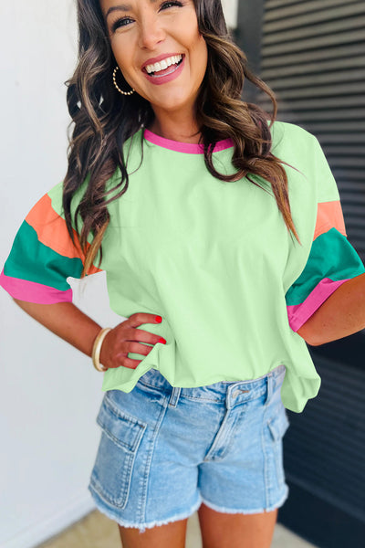 Women's Oversized Lime Green Colorblock Top with Contrast Stitch