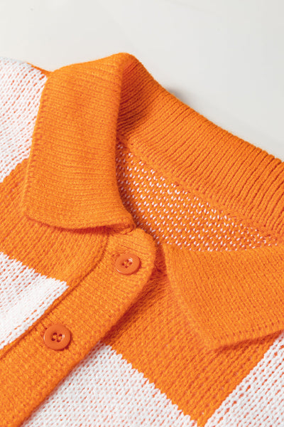 Women's Casual Grapefruit Orange Checkered Sweater with Polo Collar Relaxed Fit Knit Top for Everyday Style