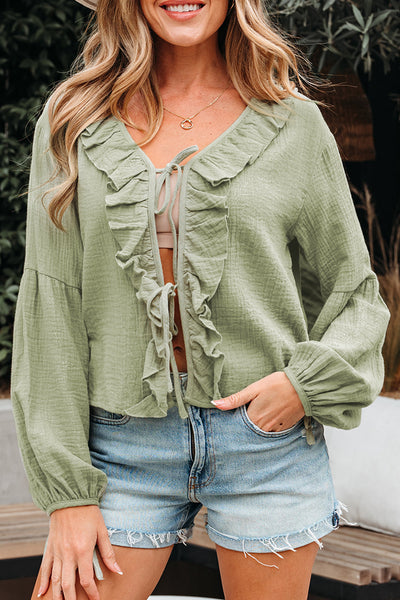 Elegant Women's Soft Pastel Ruffle Trim Blouse - Flowy Fit for Casual Chic Style and All-Day Comfort