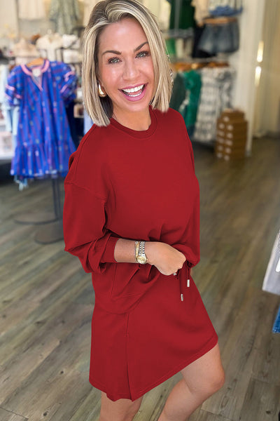 Chic Women's Racing Red Drop Shoulder Pullover & Drawstring Mini Skirt Set - Trendy 2-Piece Outfit for Stylish Looks