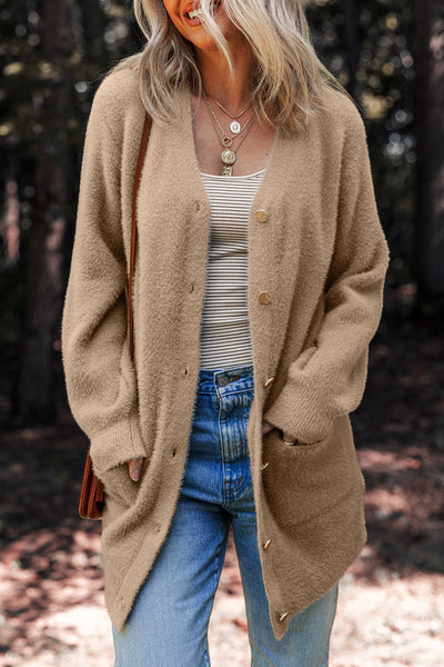Chic Smoke Gray Fuzzy Midi Cardigan for Women - Button Front, Ideal for Layering and Casual Everyday Wear