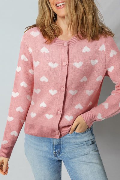 Women's Light Pink Heart Pattern Cardigan Sweater for Women - Cozy Button-Front Knit Layer for Casual Chic Style made for easy styling and wardrobe