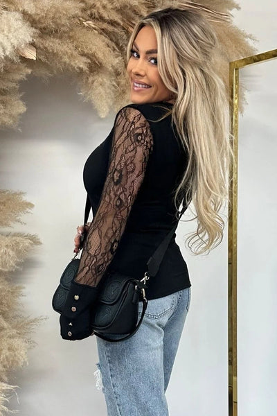 Elegant Women's Black Ribbed Knit Long Sleeve Top with Sheer Lace Accents and Round Neck for Chic Style