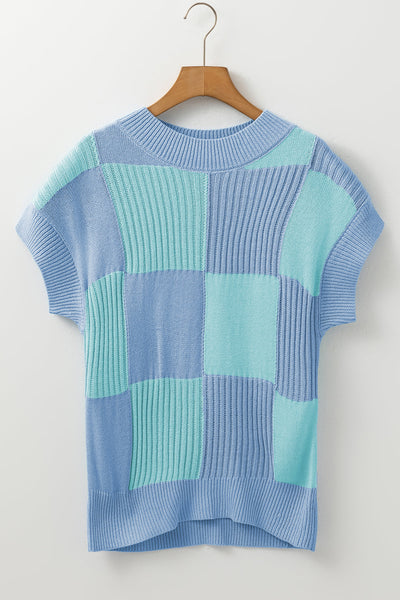 Women's Light Blue Checkered Color Block Short Sleeve Crew Neck Sweater Stylish & Versatile Knit Top for Casual Wear