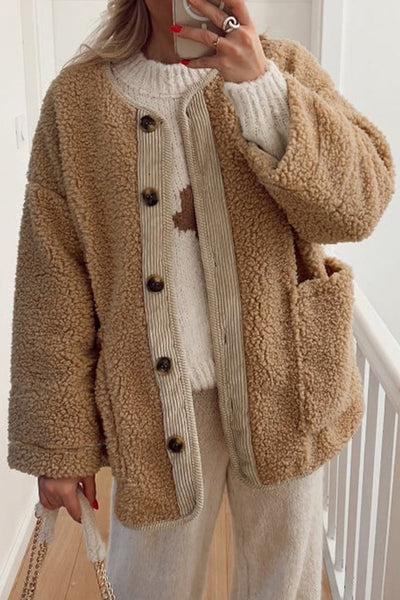 Chic Women's Beige Corduroy Patchwork Jacket with Cozy Big Pockets - Plush Puffy Style for Casual Fashion