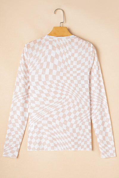 Chic Women's Khaki Checkered Long Sleeve Mock Neck Top - Stylish & Comfortable for Everyday Casual Wear