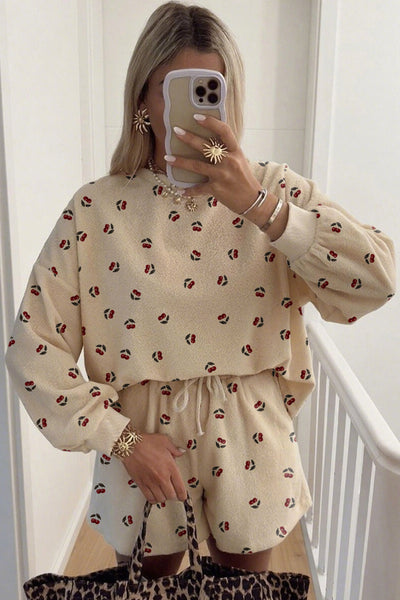 Cozy Women's Oatmeal Cherry Print Oversized Lounge Set with Drawstring Shorts Perfect for Relaxing at Home
