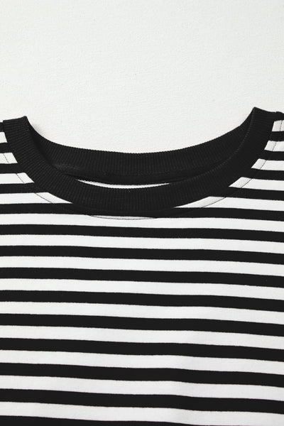 Chic Women's Black Stripe Drop Shoulder Pullover Top with Exposed Seams for Effortless Casual Style