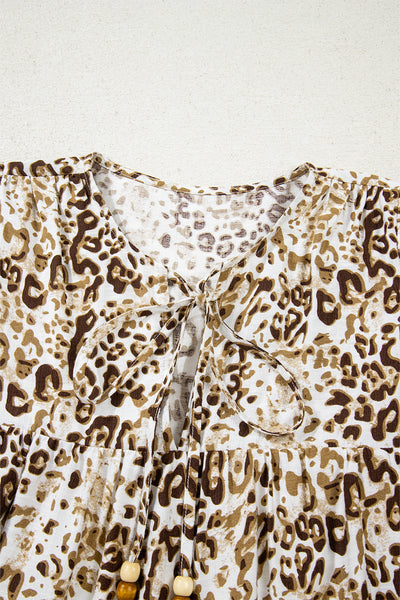 Chic Women's Khaki Leopard Print Long Sleeve Blouse with Beaded V-Neck Tie - Perfect for Casual or Dressy Occasions