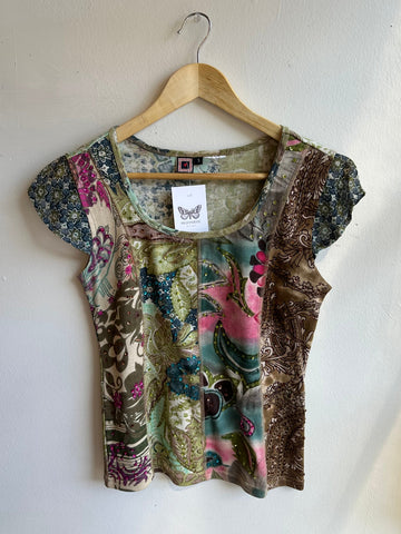 Vintage Y2K Boho Patchwork Cap Sleeve Top | Size Small