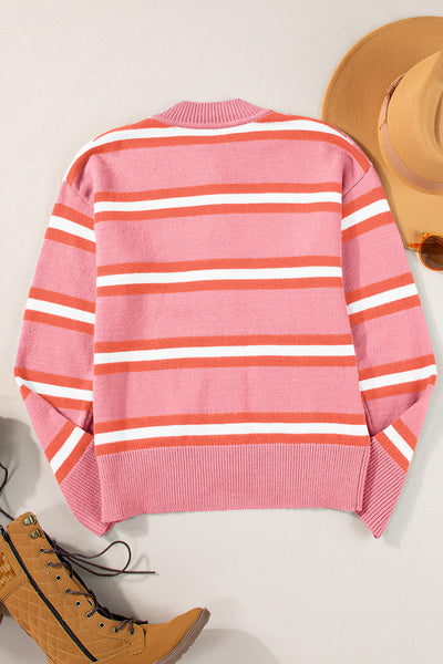 Women's Striped Pink Viscose Blend Drop Shoulder Cardigan