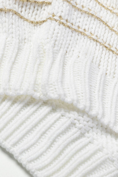 White Oversized Striped Knit Sweater with Puff Sleeves