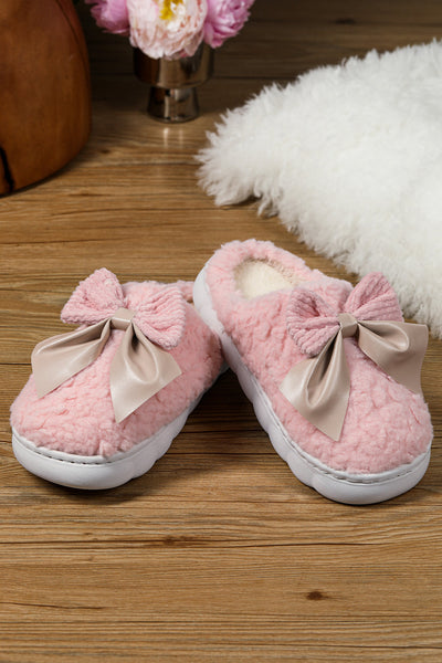 Cozy Pink Plush Winter Slippers for Women with Contrast Bowknot Applique - Stylish and Comfortable Indoor Footwear