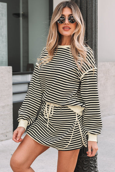 Women's Striped Two-Piece Skirt Set with Drop Shoulder Top