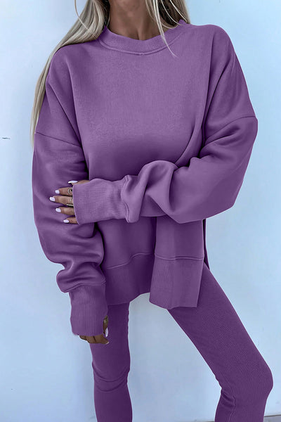 Chic Orchid Mist Oversized Sweatshirt & Ribbed Leggings Set for Women - Cozy Activewear for a Stylish Look