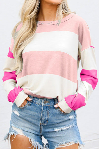 Women's Casual Chic Light Pink Colorblock Striped Long Sleeve Drop Shoulder Top for Effortless Everyday Style