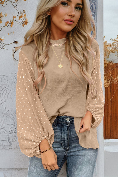 Elegant Women's Parchment Swiss Dot Balloon Sleeve Blouse - Loose Fit for Chic Casual Styles and Everyday Wear