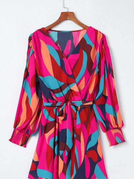 Lapel Print Lace-Up Long Sleeve Dress