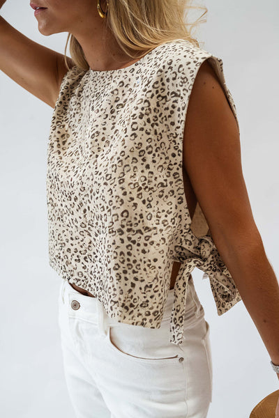 Women's Apricot Leopard Print Knot Side Vest Top - Trendy Twill Sleeveless Blouse for Casual Chic Style